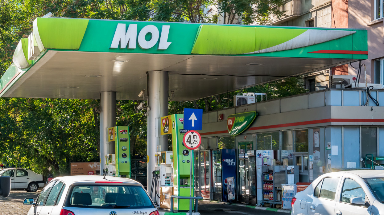 Bucharest/Romania - 09.27.2020: Mol fuel station in Bucharest. MOL group international oil and gas company logo
