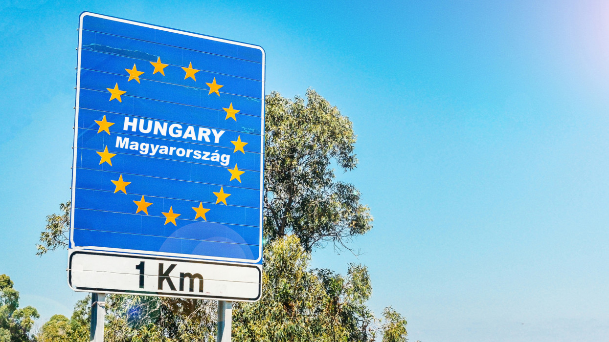 Road sign on the border of Hungary as part of an European Union member state.