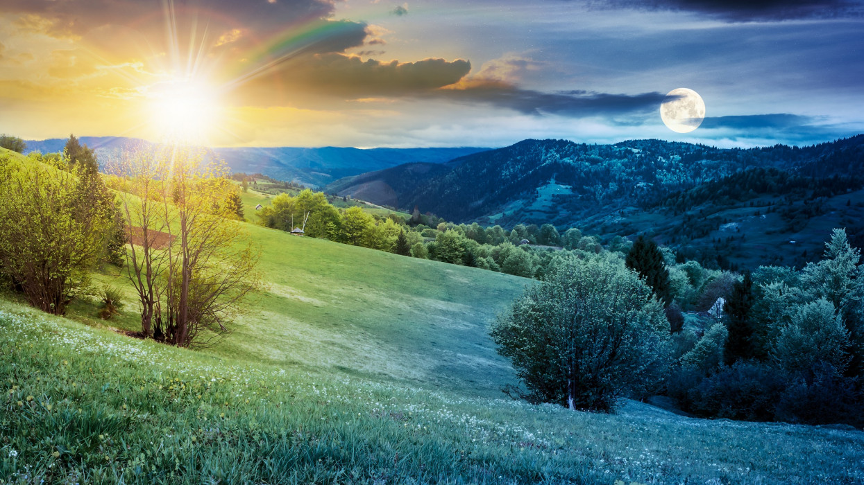 time change above rural landscape in mountains. countryside scenery on an overcast weather in spring in with sun and moon. day and night change concept