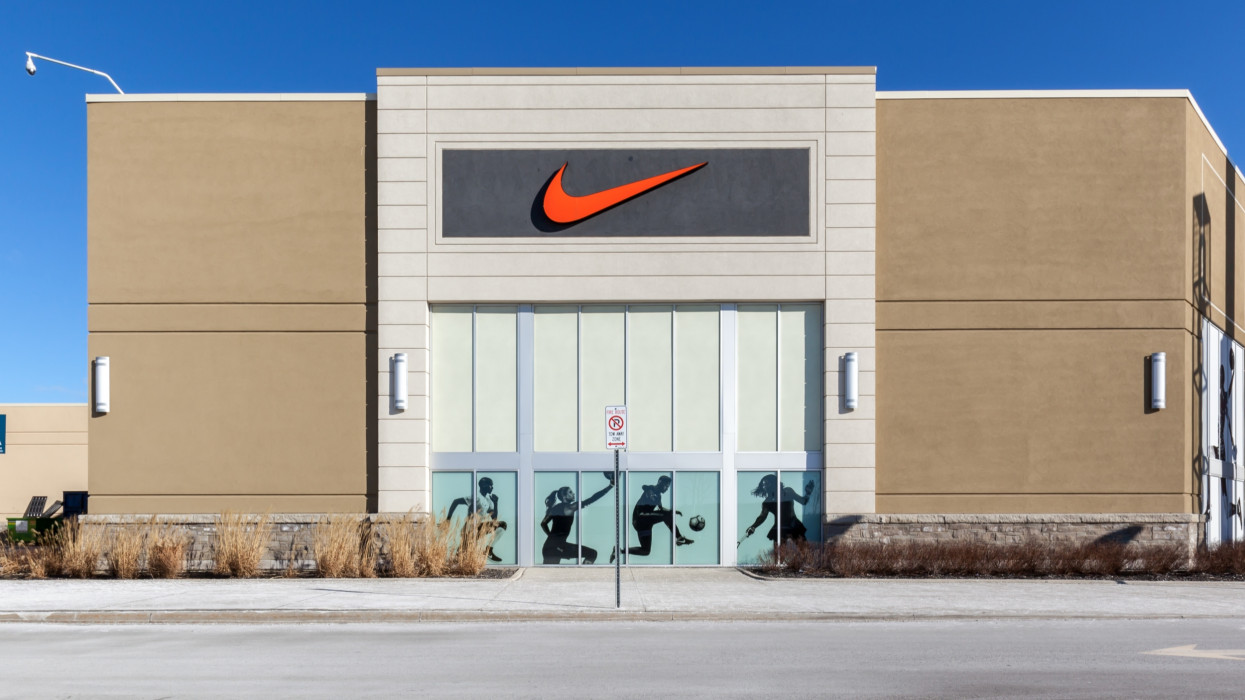 Vaughan, Ontario, Canada - March 17, 2018: Nike store sign at Vaughan Mills mall near Toronto. Nike, Inc. is an American corporation sales of footwear, apparel, equipment, accessories, and services.