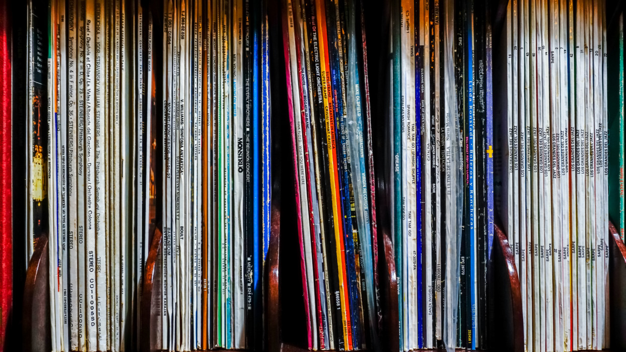 Vinyl LP record collection, Oleiros, A Coruna, Galicia, Spain