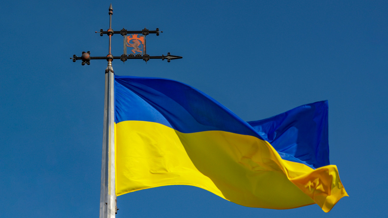 The flag of Ukraine is a banner of two equally sized horizontal bands of blue and yellow