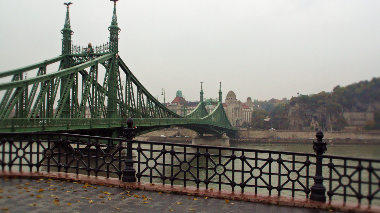 The Liberty bridge, more commonly known as the green bridge over the Danube river in Budapest, Hungary. Foggy morning over the river.
