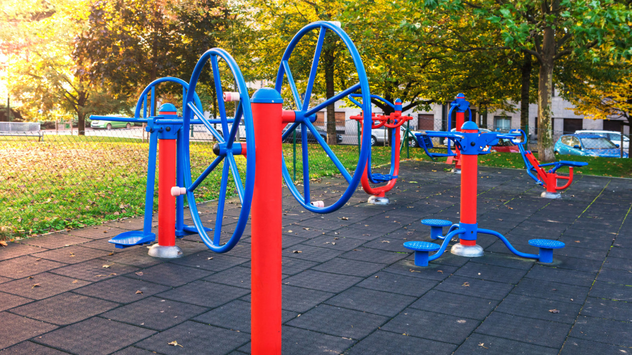 exercise equipment in public park in the morning at Prague