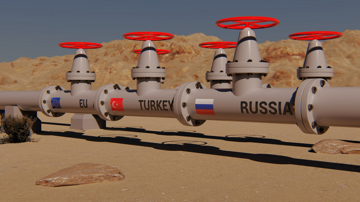 The gas pipeline with flags of Russia, Turkey and EU. 3d rendering
