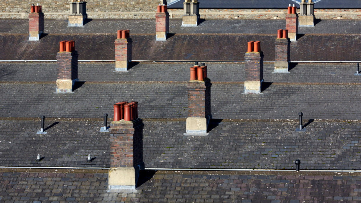 Elevated view of the roofs and chimney pots in the Railway Village of Swindon