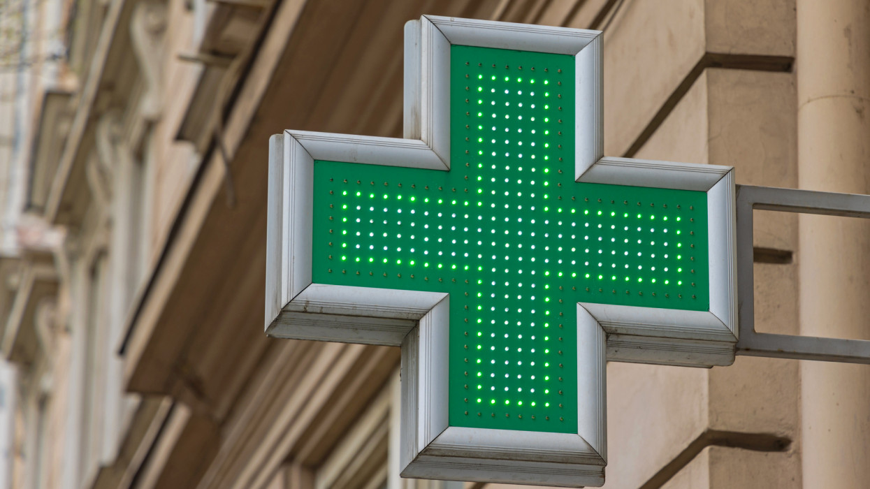 Big Green 3d Cross Led Lamps Sign at Pharmacy