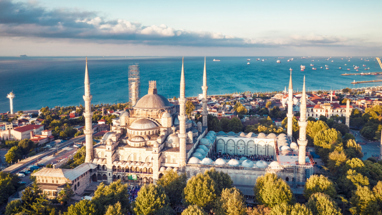 Sunrise drone photo of Sultan Ahmed Mosque and the Istanbul cityscape in the dawn.The Sultan Ahmed Mosqueï¼The Blue Mosque) is a historic mosque located in Istanbul, Turkey. A popular tourist site.Photo taken on 08/11/2019 by drone device.