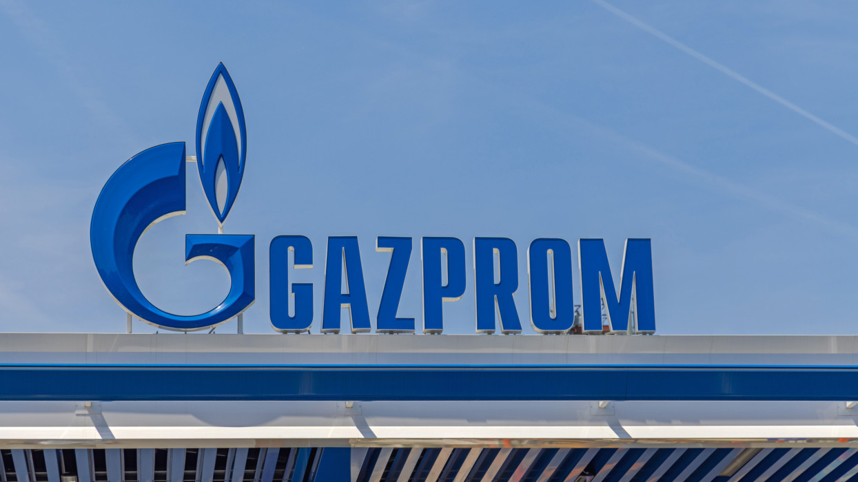 Belgrade, Serbia - May 08, 2022: Russian Petroleum Company Sign Gazprom at Petrol Station Over Blue Sky.