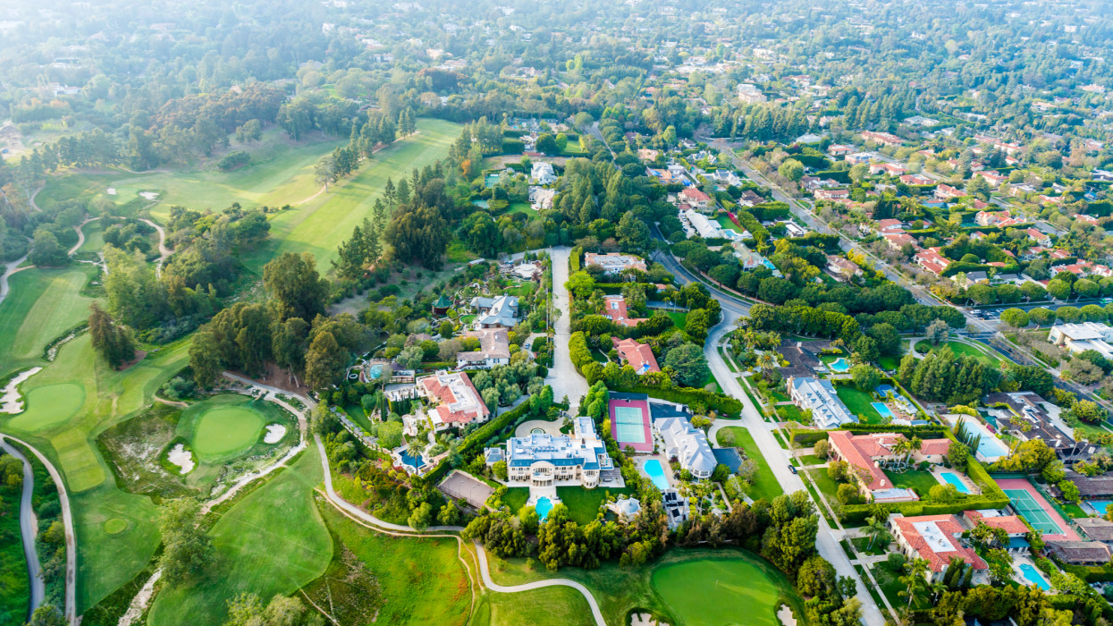 Aerial view of Bel Air Los Angeles neigborhood with mansions and golf course. Bel Air, Los Angeles County, California.