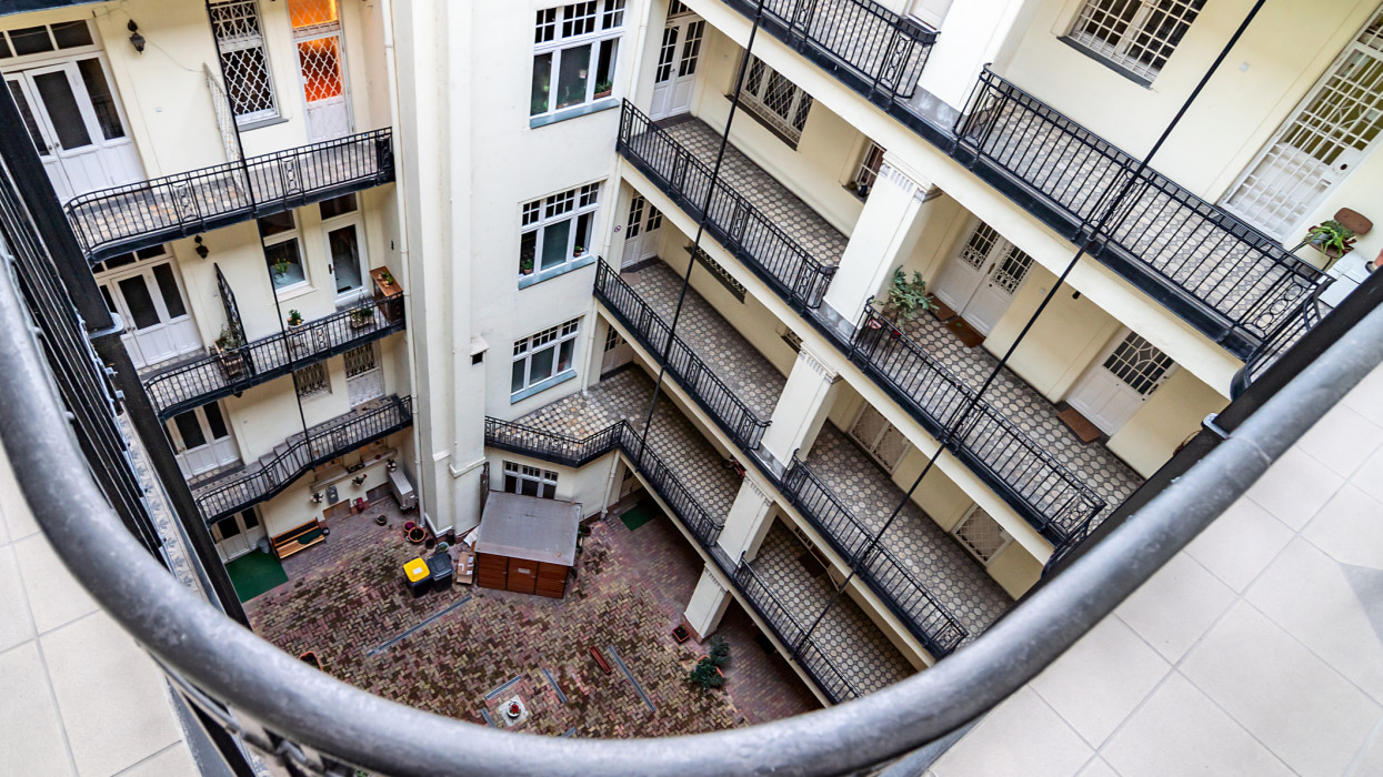 inner courtyard of an apartment building. european archtecture. budapest, hungary. balconies to the courtyard of a multi-storey building. view from top floor. Housing conditions in the old town quarter