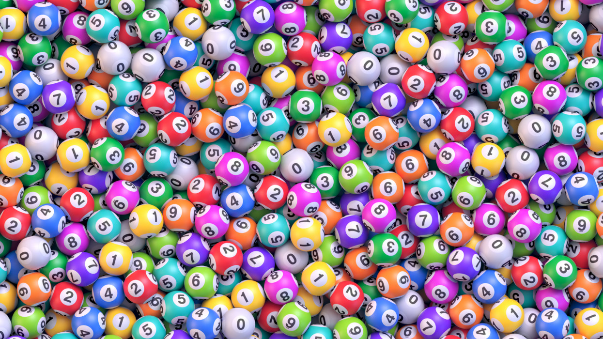 Pile of multicolored lottery balls. Lot of bingo balls with numbers. Realistic vector background