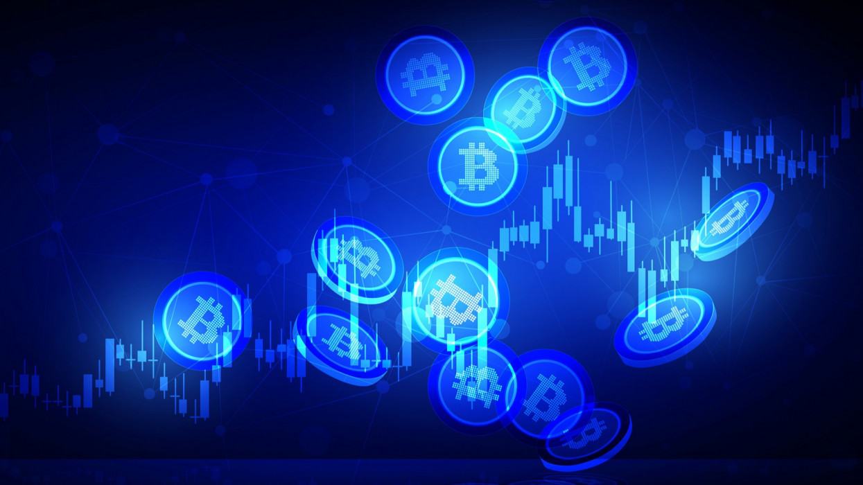 Cryptocurrency illustration concept shows the Bitcoin dropping down to the fall with the growth sign of graph on the blue shiny abstract background.