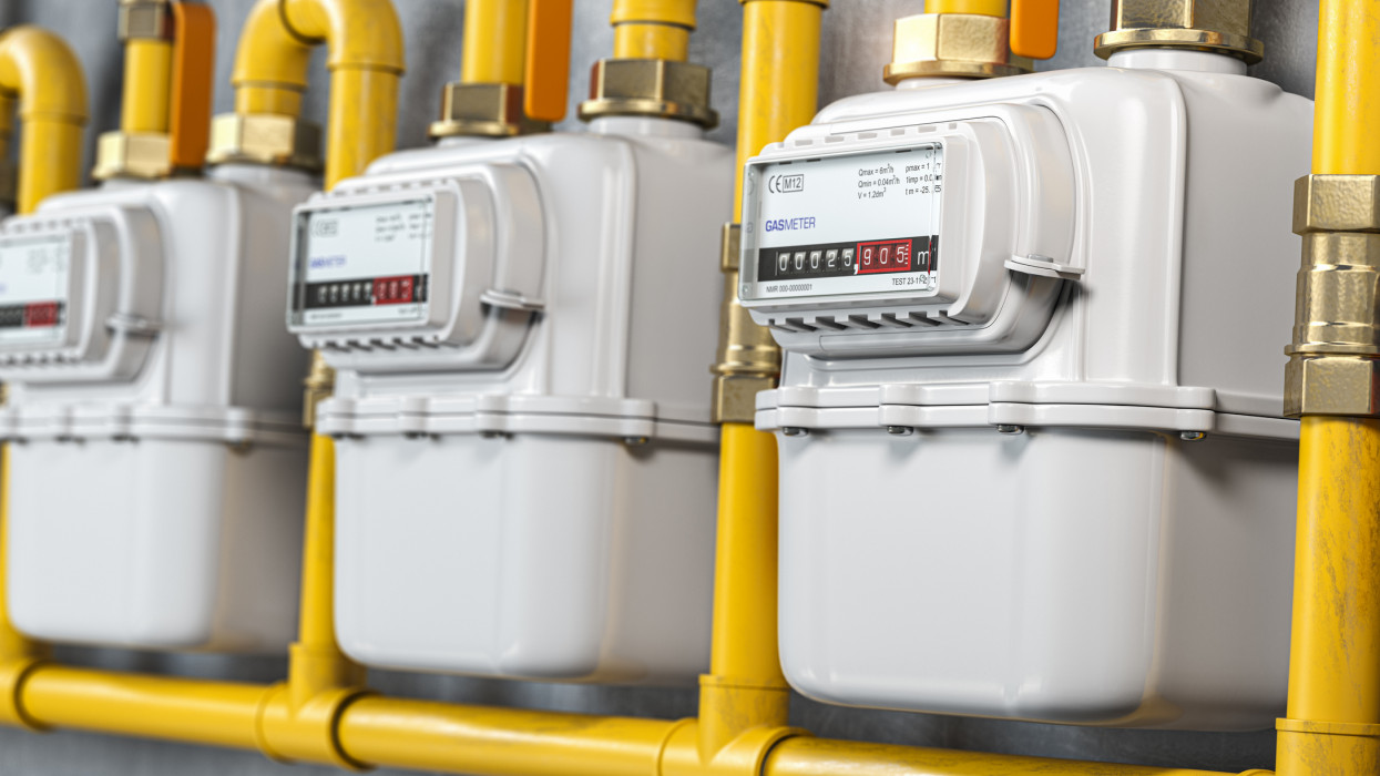 Natural gas meters iin a row. Household energy consumption. 3d illustration