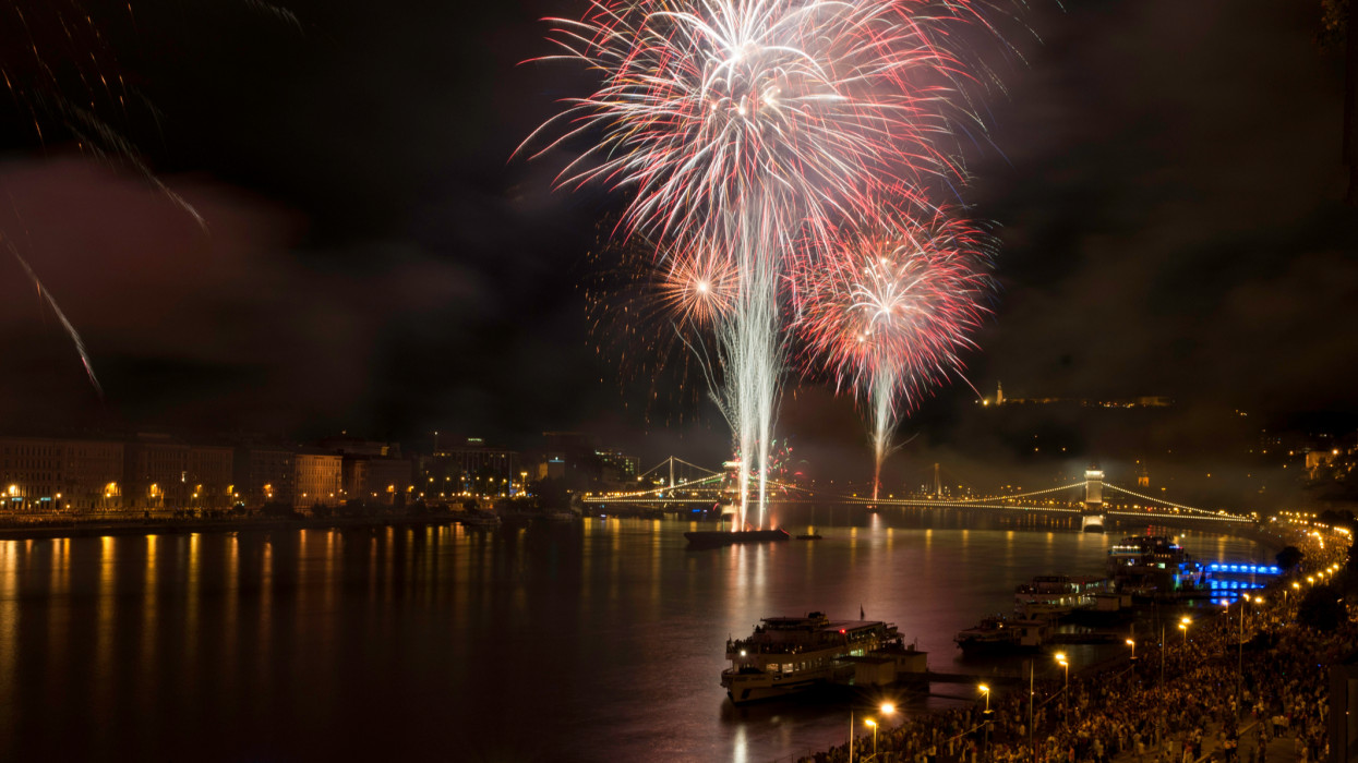 Celebrations and fireworks in Budapest on St. Stephens Day.
