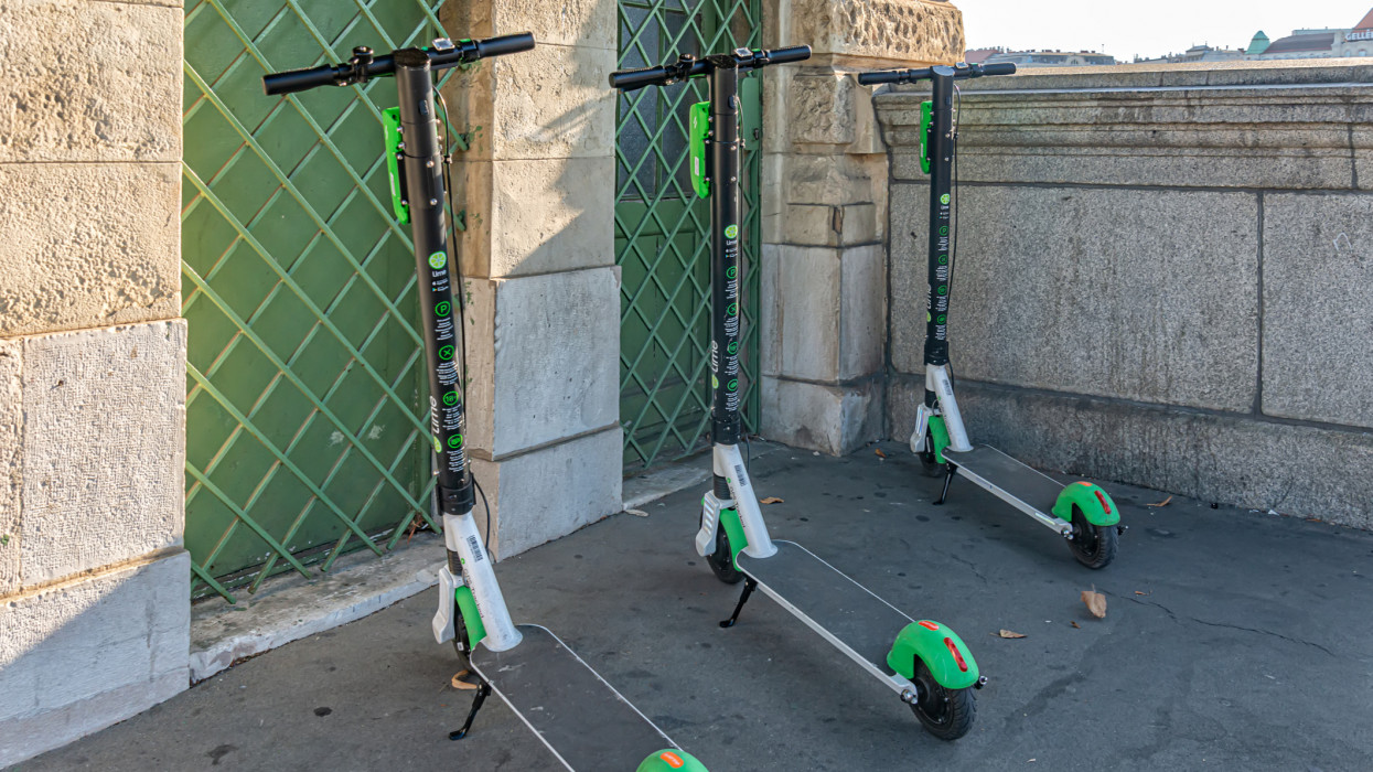 Budapest, Hungary - October 01, 2019: Rental service electric scooters parked in a Budapest. Electric Scooters For Rent.