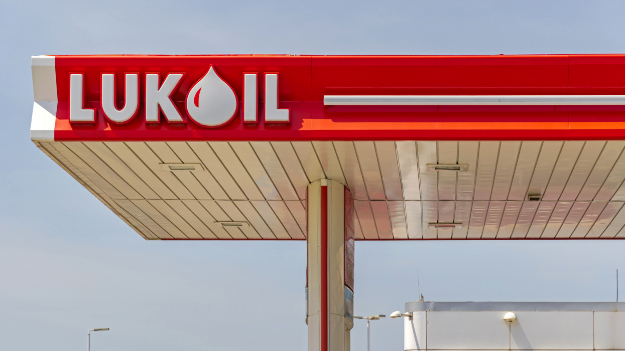 Belgrade, Serbia - May 08, 2022: Russian Petroleum Company Sign Lukoil at Petrol Station.