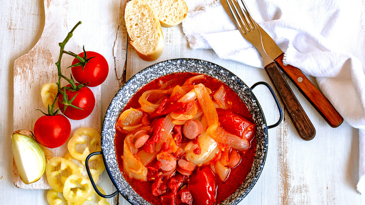 Traditional hungarian dish lecso, made  onion pepper and tomato. Sometimes adding to it sausage, rice or egg