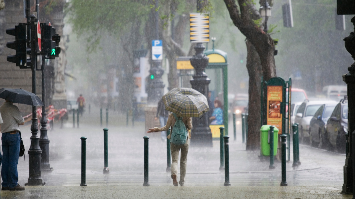 A rainstorm on Andrassy Street in Budapest, Hungary.
