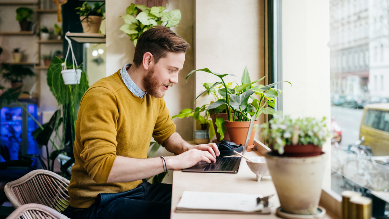 A young man sitting in a small cafÃ© filled with green plants, using his laptop.