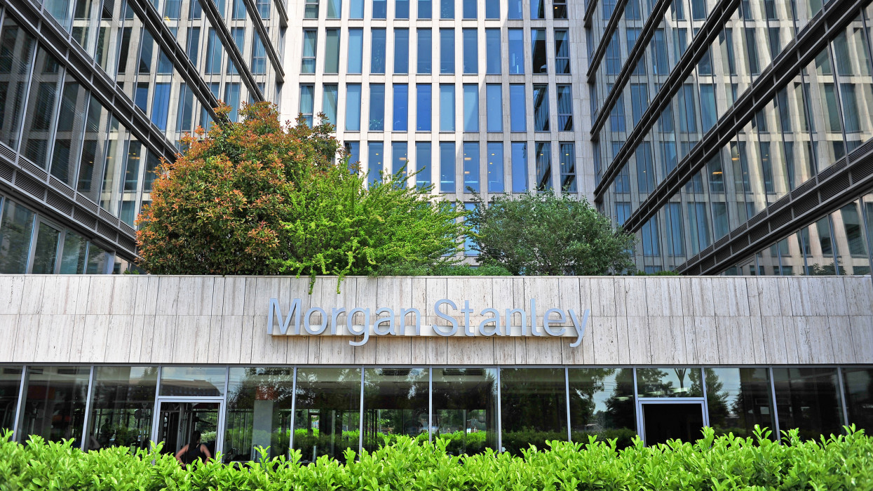 Budapest, Hungary - May 26, 2016: Morgan Stanley sign on facade of an office building in Budapest on May 26, 2016. Morgan Stanley is an american company providing banking, securities and investment management services.