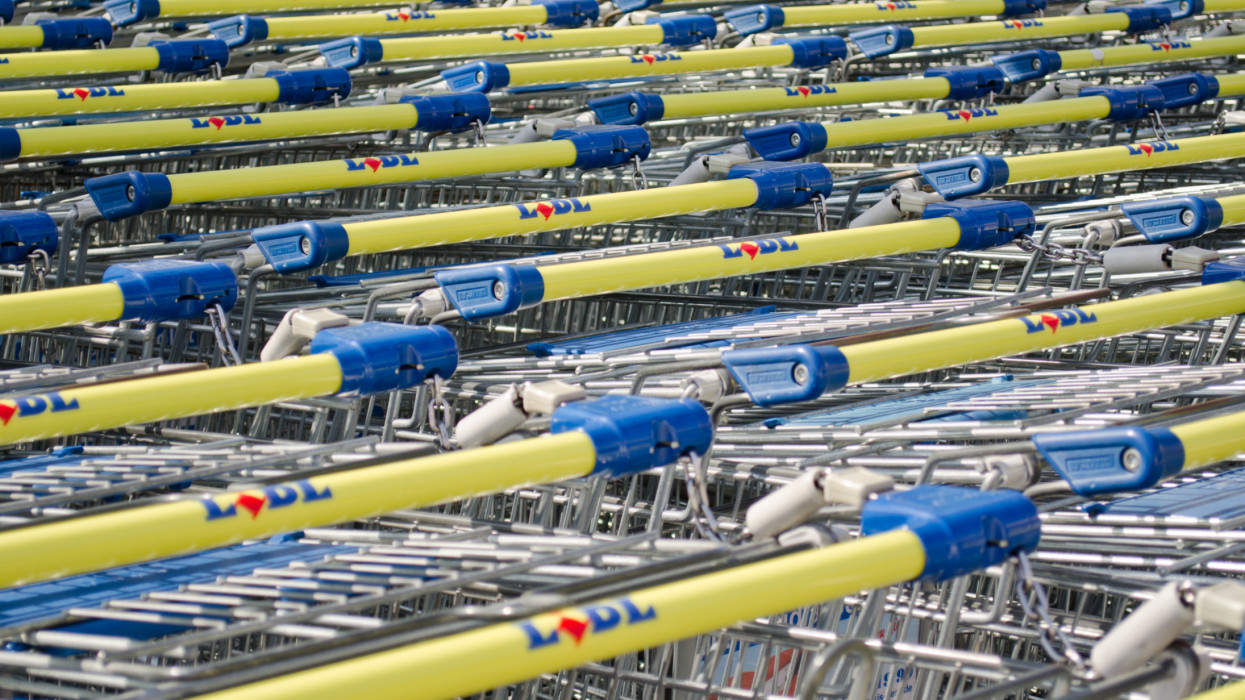 Gera, Germany - September 2, 2012:  Lidl logo on the grip of their shopping carts.Lidl is a worldwide operating discount supermarket chain. Lidl operates about 7200 stores worldwide.