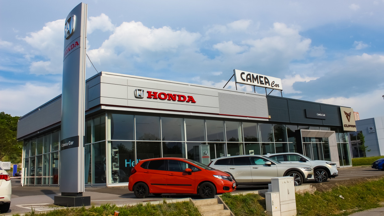Kosice, Slovakia - May 13, 2022: Exterior view of Honda dealership in Slovakia. Honda Motor Company, Ltd. is a Japanese public multinational conglomerate corporation.