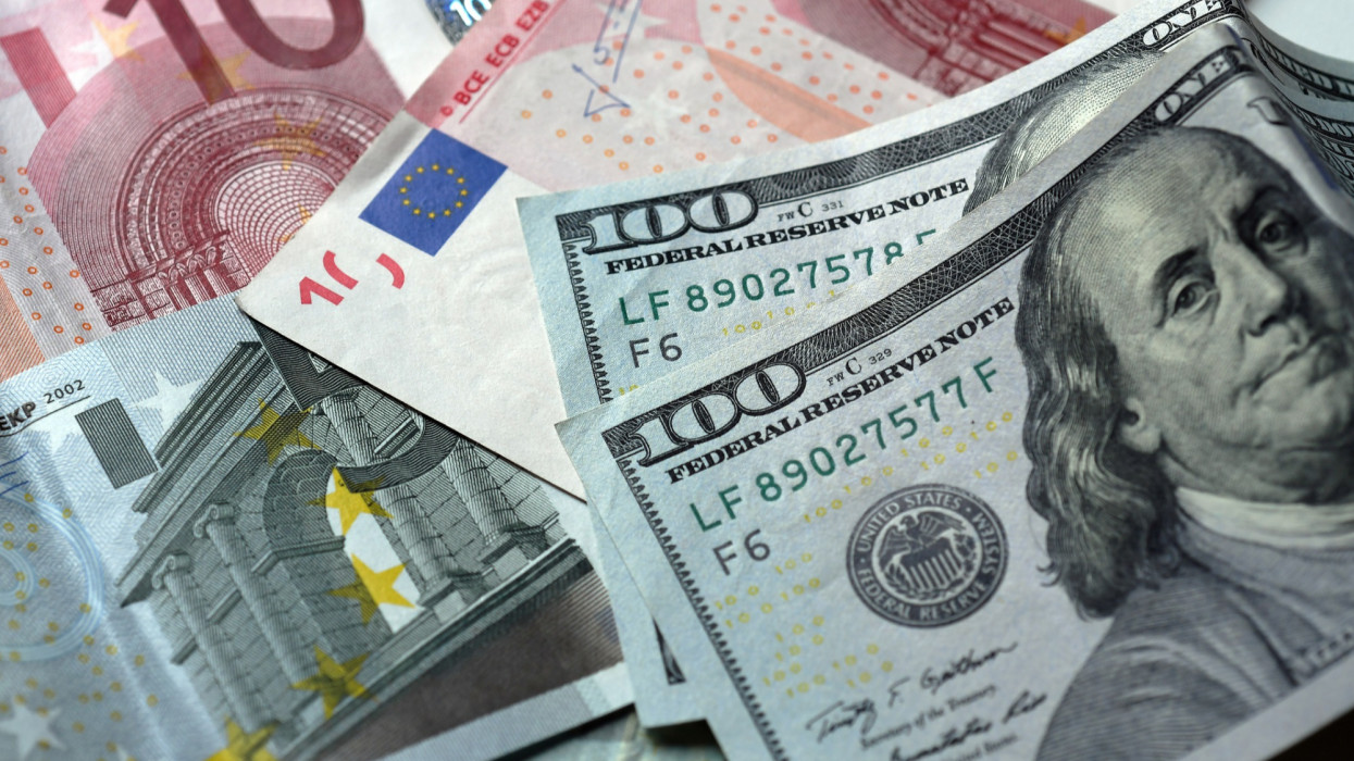 Close-up of Dollar and Euro Bills - Money