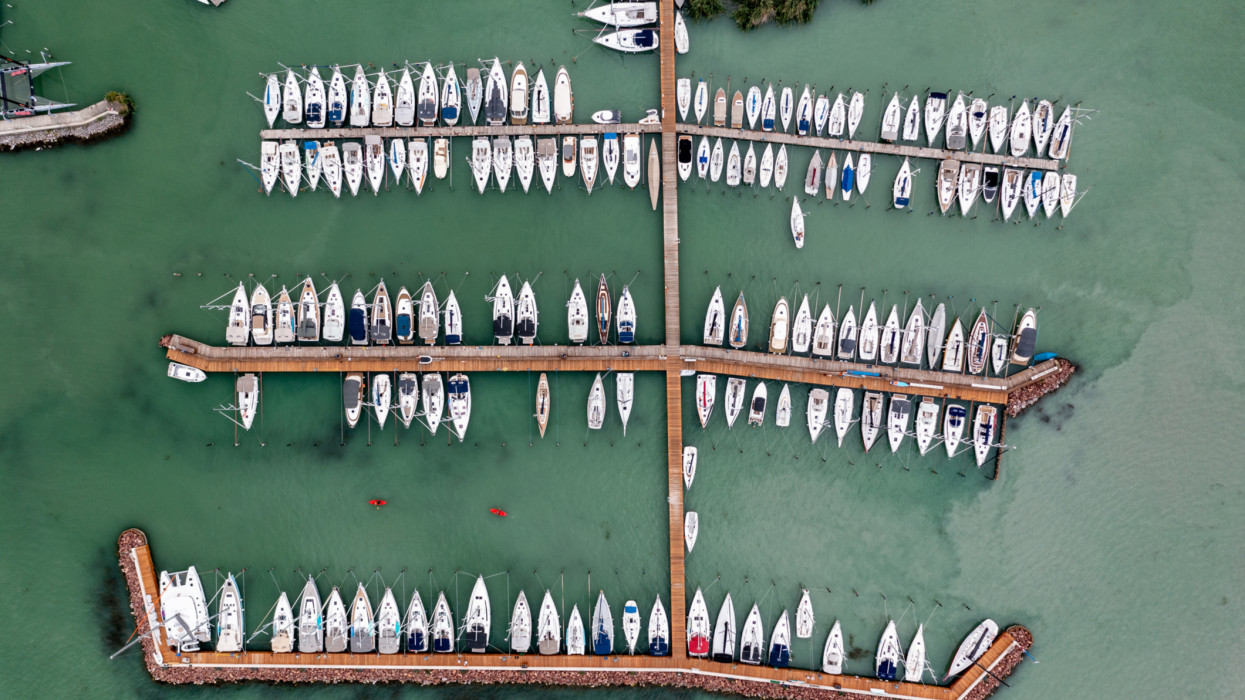 Sail boats in pier of Balaton lake, top view.