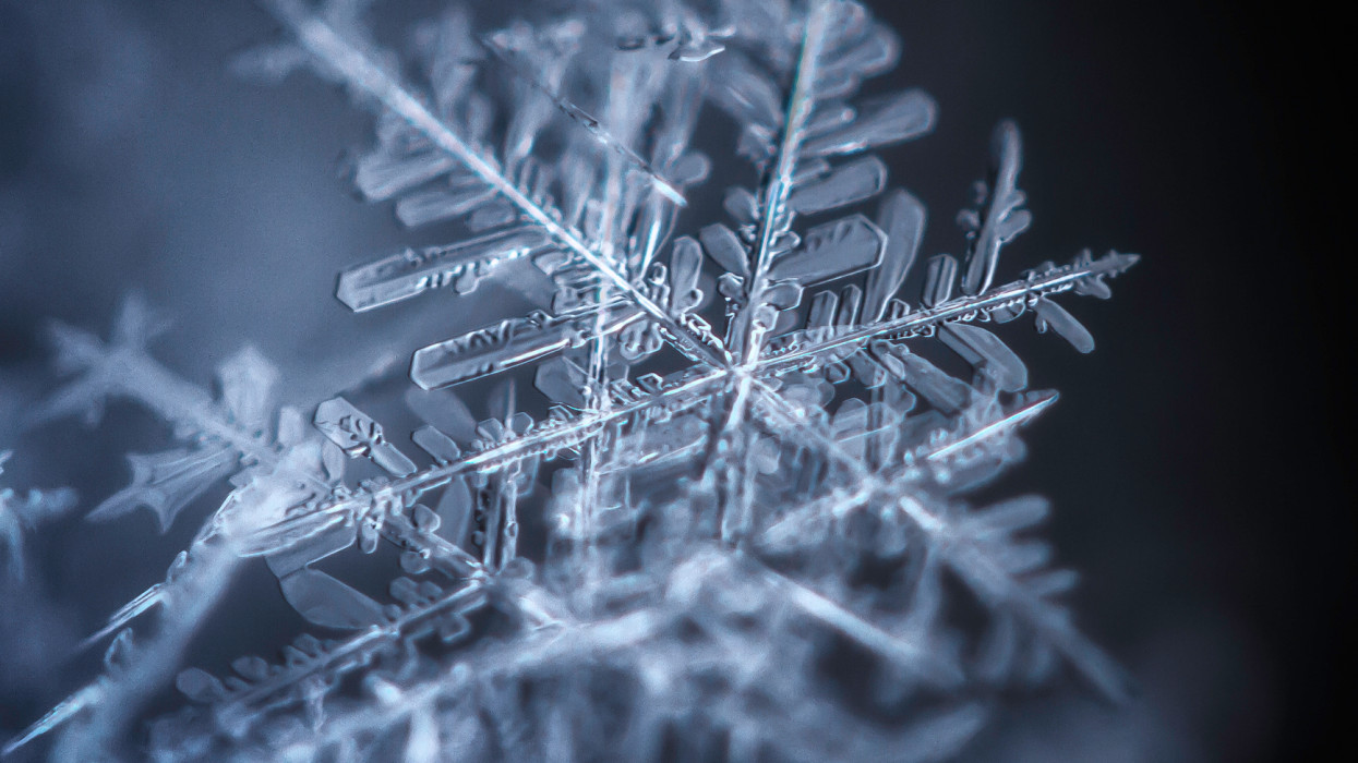 A snowflake with a very shallow depth of field