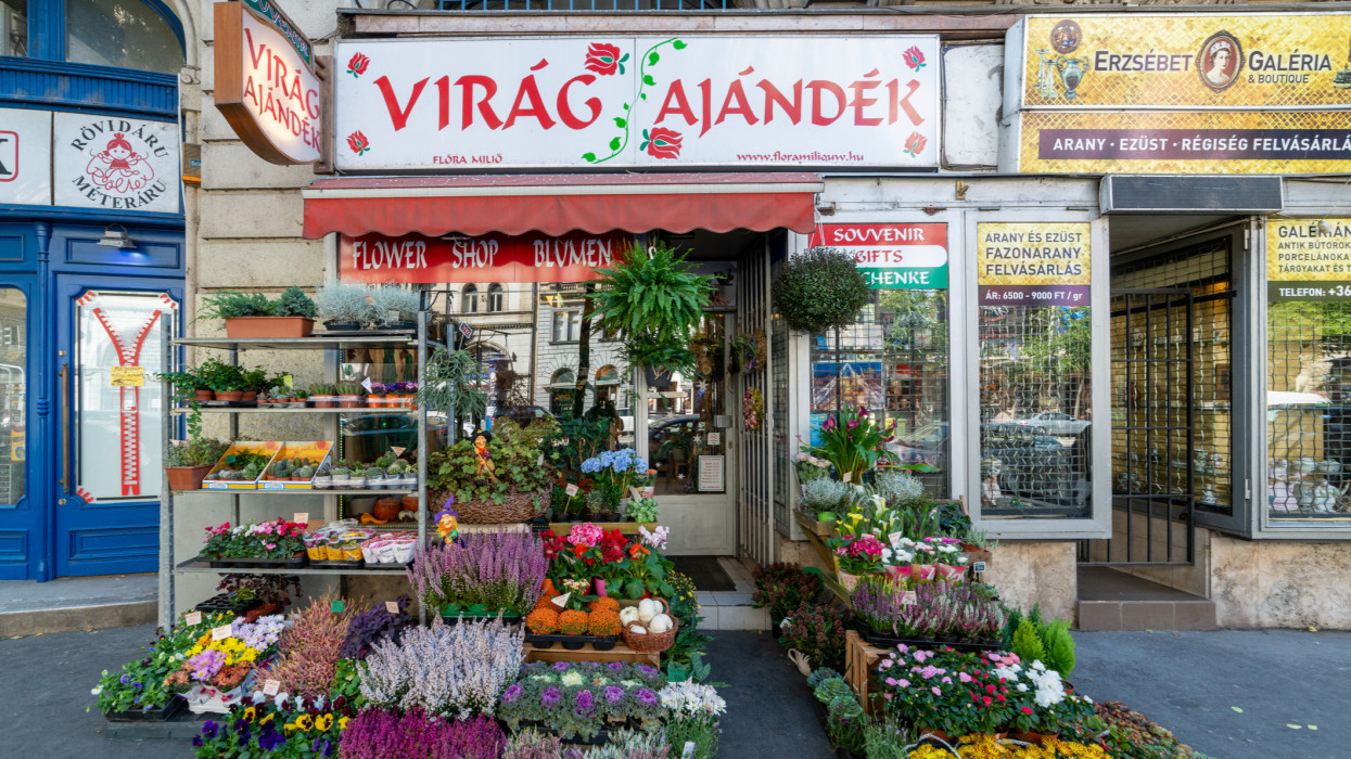 Budapest, Hungary - October 01, 2019: Flower shop in Budapest, Hungary. In the store you can buy everything from ready-made bouquets to flowerpots.