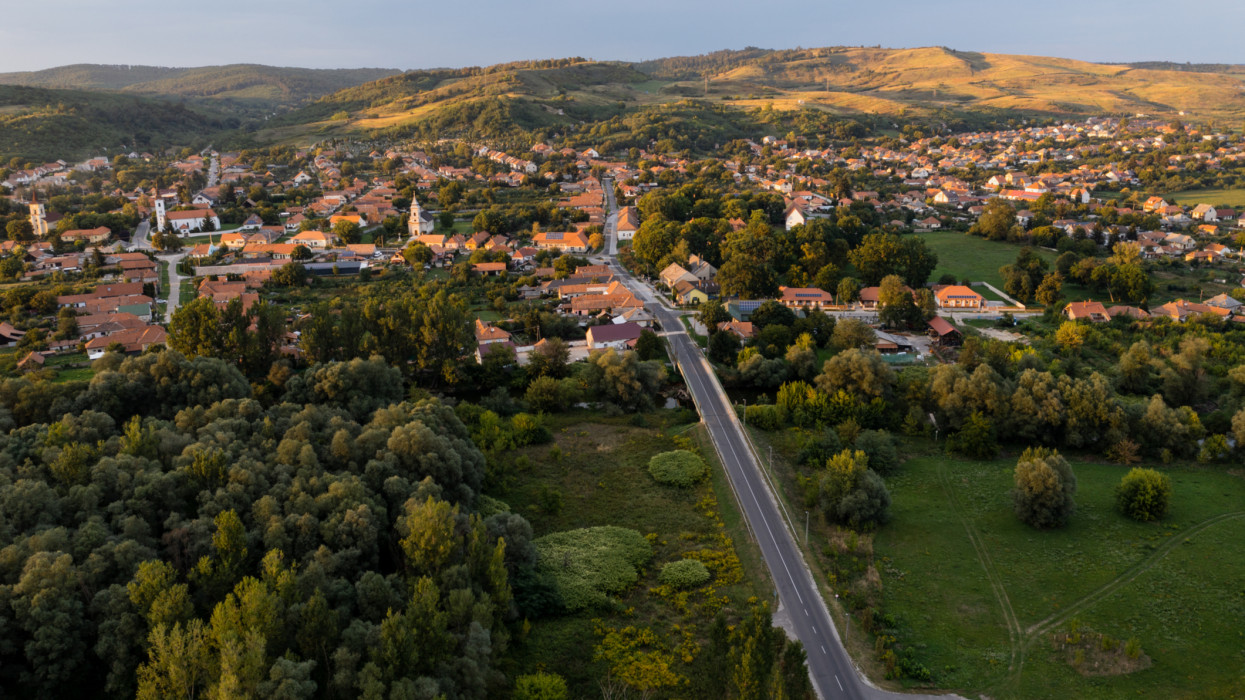 Flying, Summer, Sunset, city, drone view hungary rural landscape