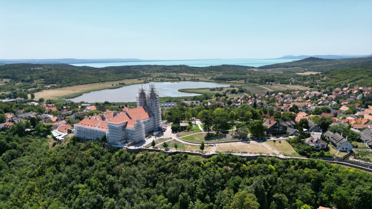 An aerial view of the old village and Lake Balaton in Hungary