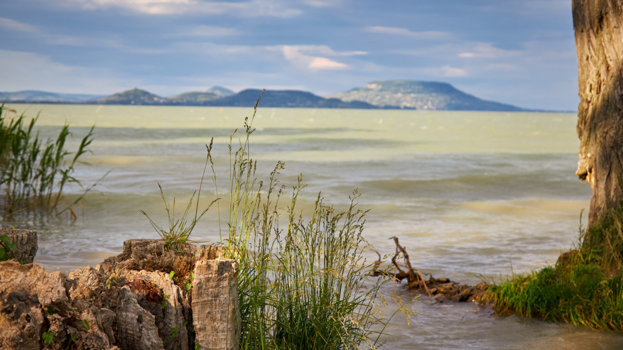 View of famous Hungarian Lake Balaton with volcanoes