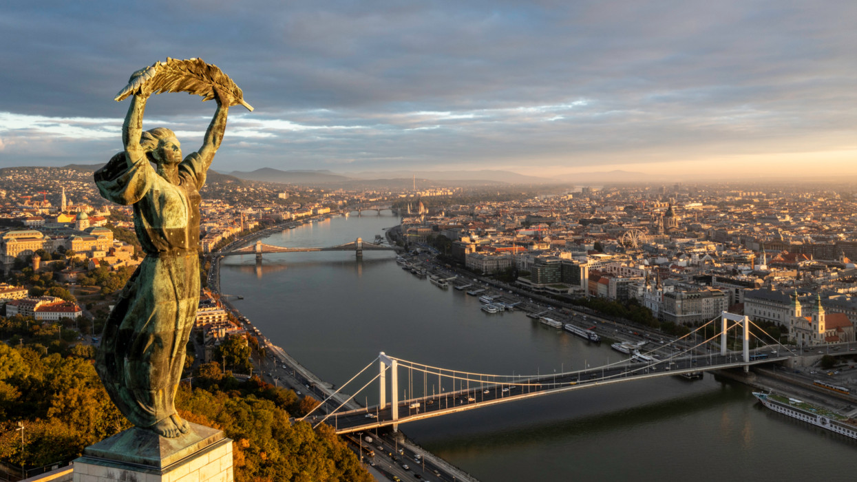Aerial view from Citadella statue in Budapest at sunrise