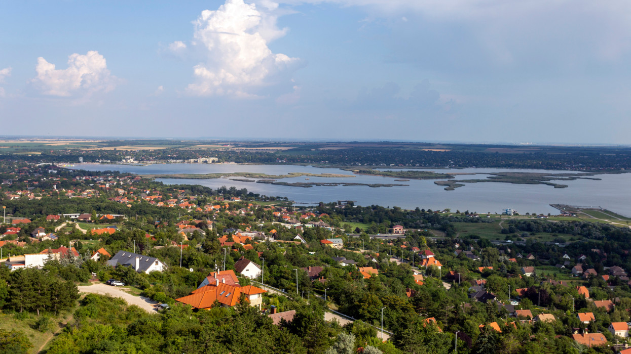 View of the lake Velence, Hungary from the look-out tower at Bence hegy on a summer day.
