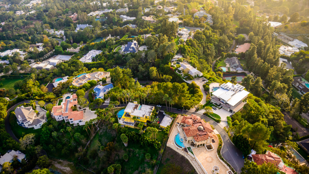 Los Angeles California - Beverly Hills landscape and mansions aerial view late afternoon