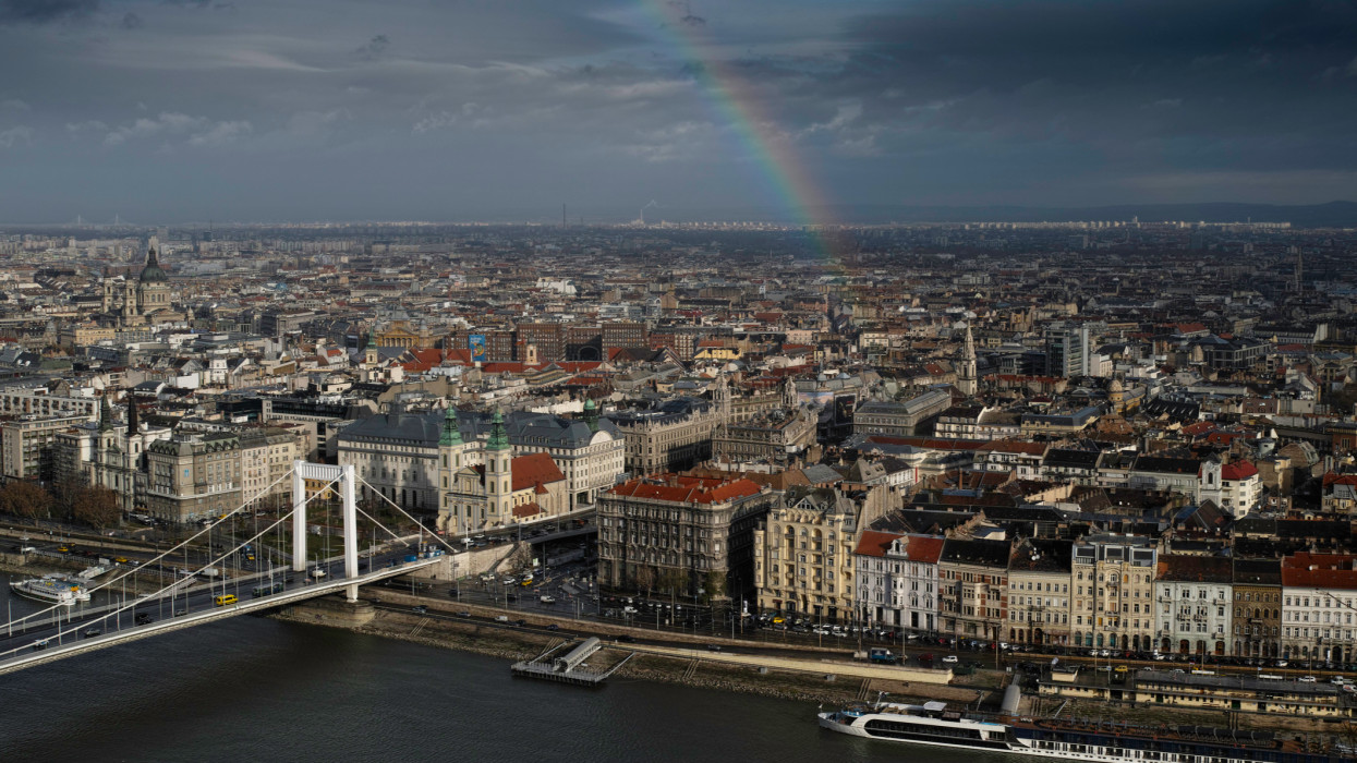 Budapest and Danube seen from the castle under the rainbow.