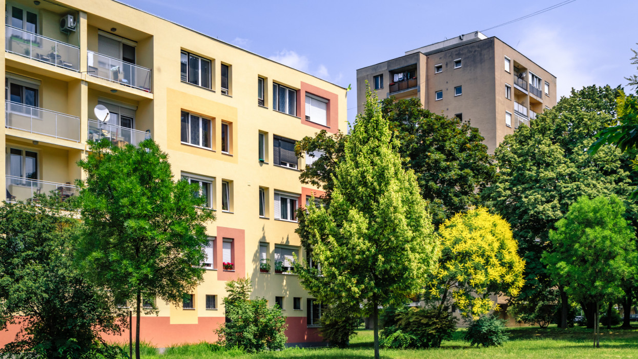 Apartment block in a residential district in Budapest, Hungary.