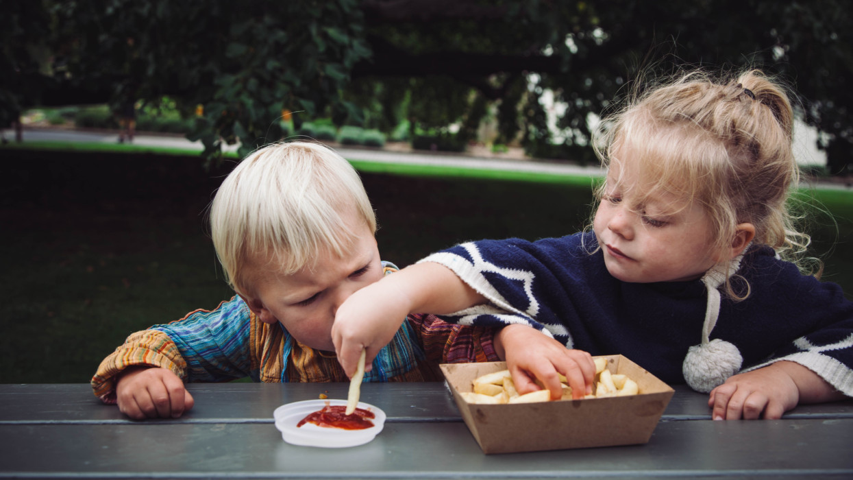 Two toddlers impatiently sharing hot chips and tomato sauce at a picnic in the park