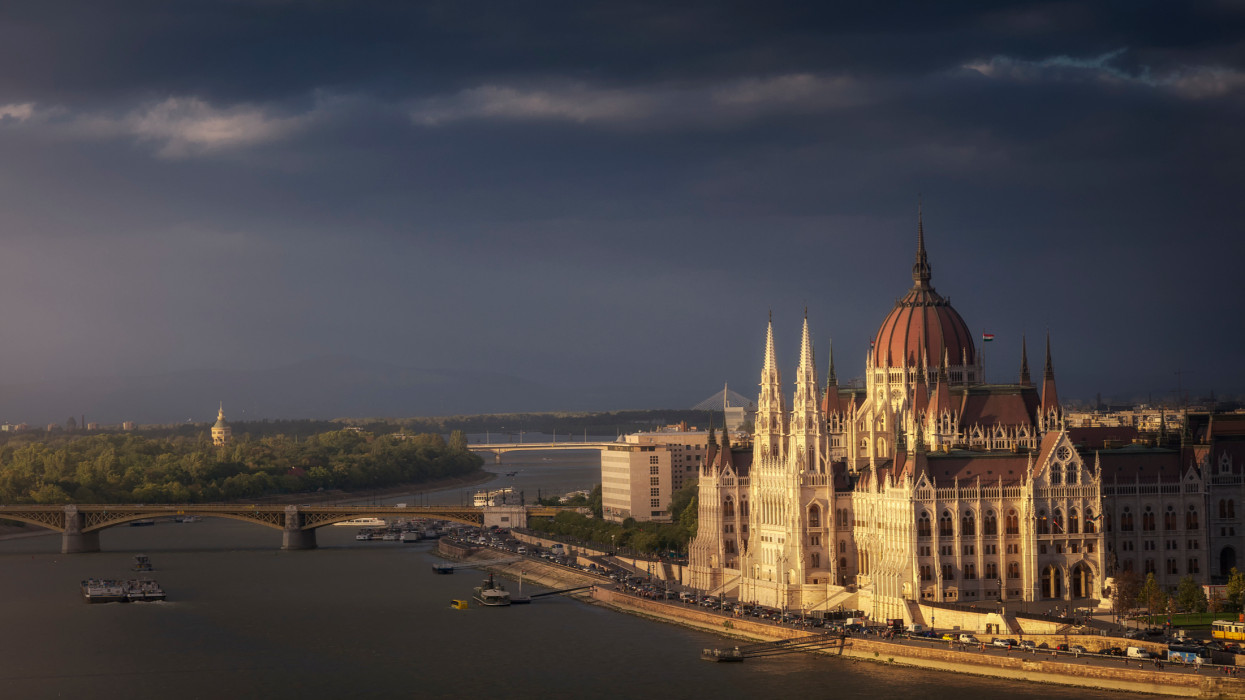 View of the exterior of Hungarian Parliament Building and Danube River, Budapest, Hungary