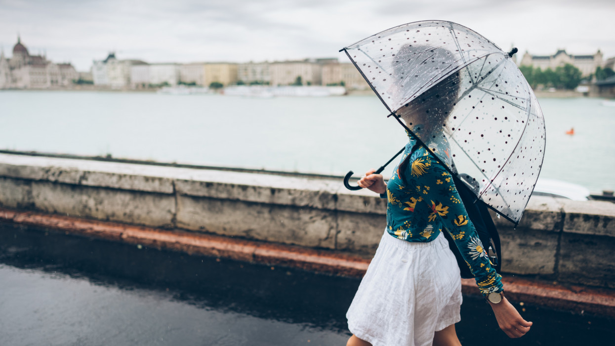 Woman with umbrella walking outside at rainy day