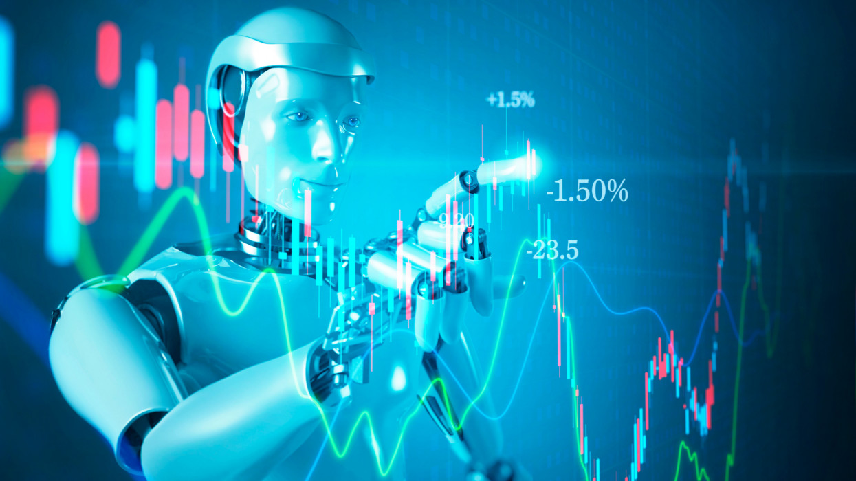 Abstract image of AI robot automatically trading stock on behalf of investor.