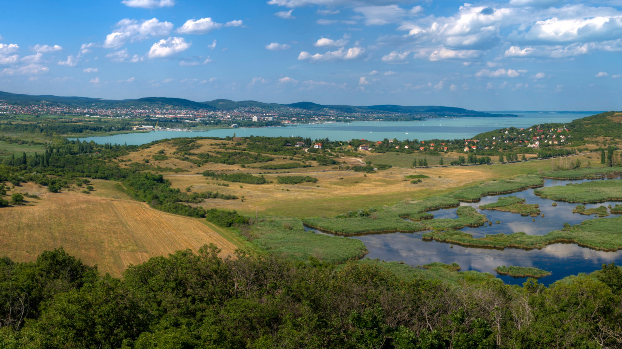 Panoramic view from a vantage point over Lake Balaton with a forest and morr area in the foreground