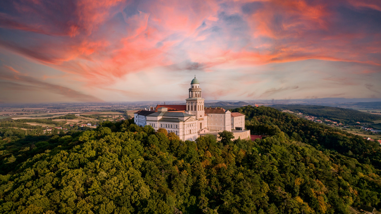 Aerial View of Pannonhalma Archabbey Hungary at Sunset
