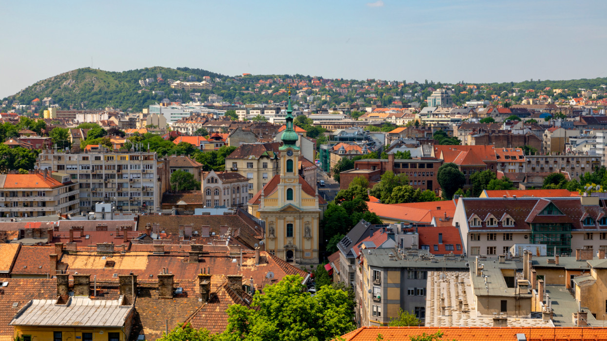 Budapest Hungary May 28 2018 : Panoramic view of Budapest. Historical city view from the Castle District. Many buildings, artworks are listed by UNESCO as a World Heritage site, and was first completed in 1265. Panoramic Image.