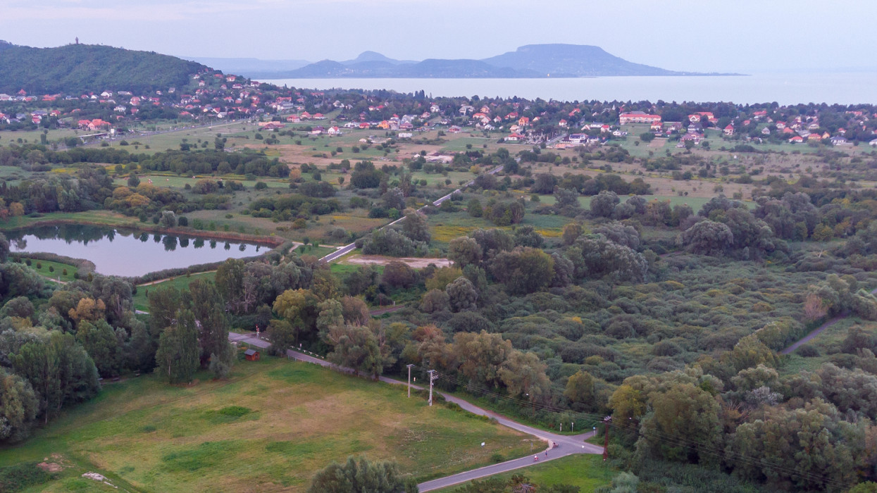 Aerial view of the hilltop chapel (St. Michaels Chapel) near Lake Balaton, at Vonyarcvashegy at sunset in Hungary