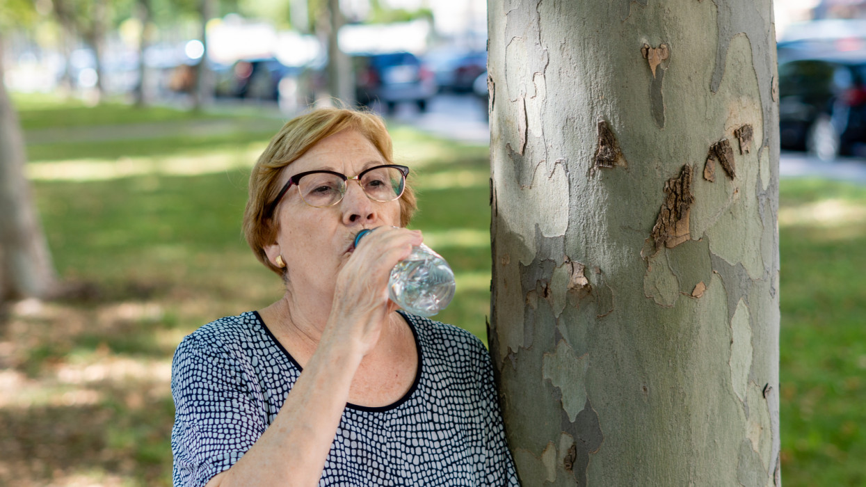 Portrait older woman drinking water from a plastic bottle, leaning on a tree.