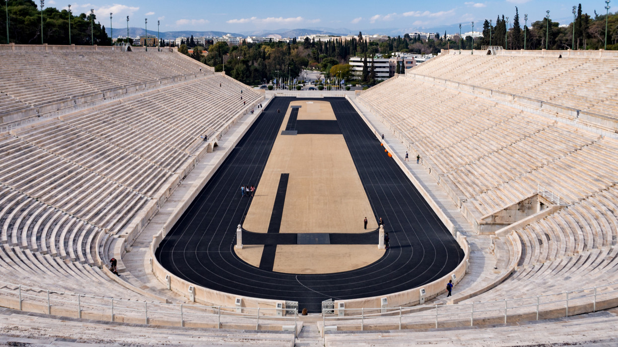Athens, Greece. December 2018: View of the ancient stadium of the first Olympic Games in white marble - Panathenaic Stadium