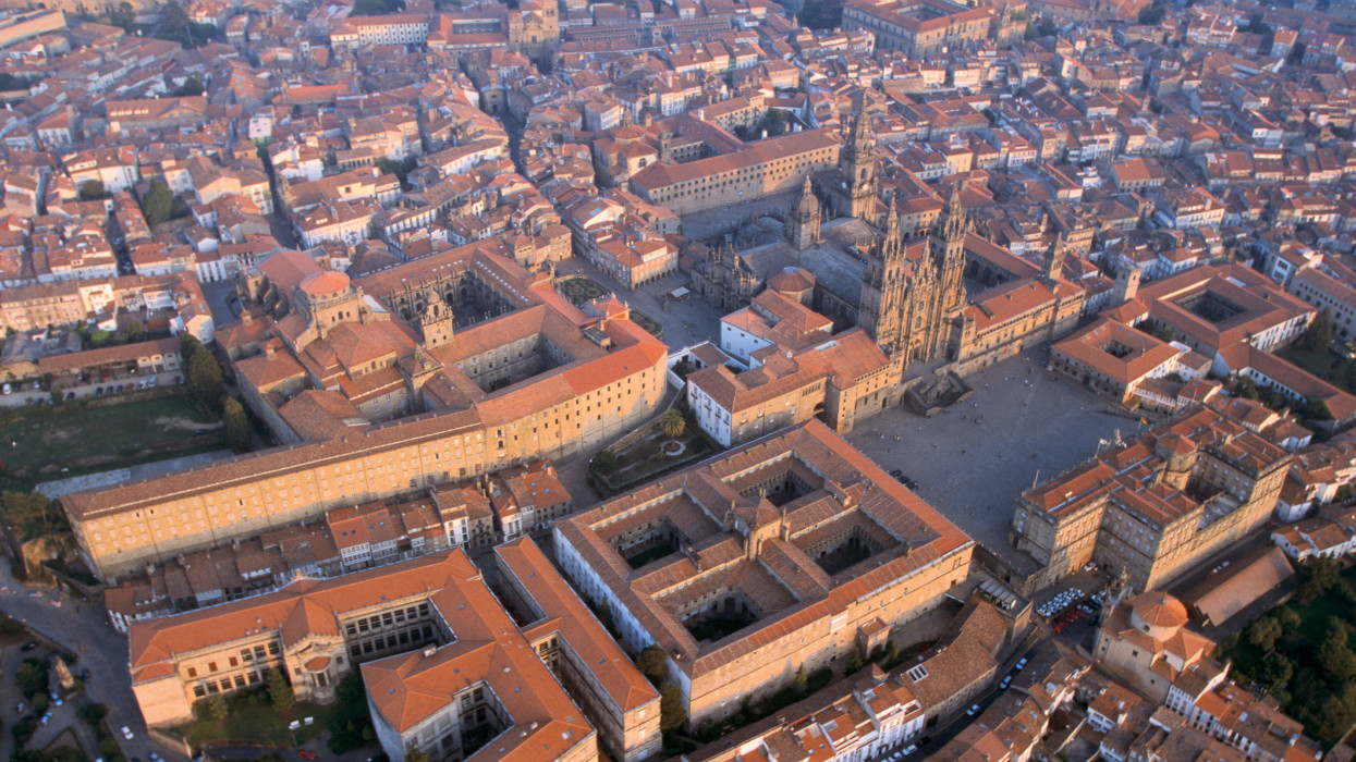 Galicia from the air. Santiago de Compostela. The discovery of the tomb of Saint James the Apostle in about 820 converted the city into a place of pilgrimage and thanks to the privileges conceded to it by monarchs, the most important city in Galicia up to the 19th century.  (Photo by Xurxo Lobato/Cover/Getty Images)